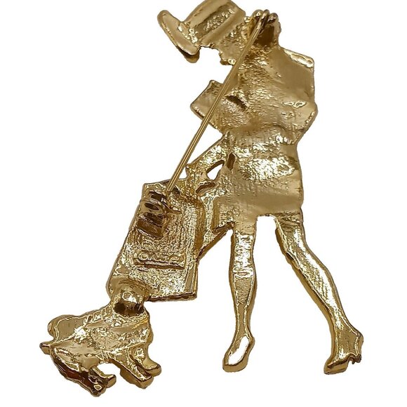 Vintage AJC Brooch Shopping Woman Walking Dog Gold Tone Lapel Pin - Picture 5 of 10